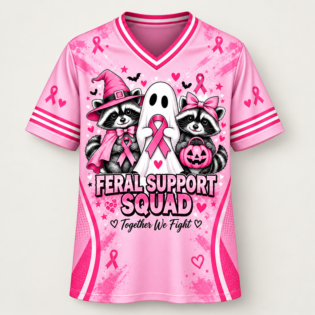 Pink V-neck football jersey, front view, Feral Support Squad with two raccoons and a ghost holding a pink ribbon