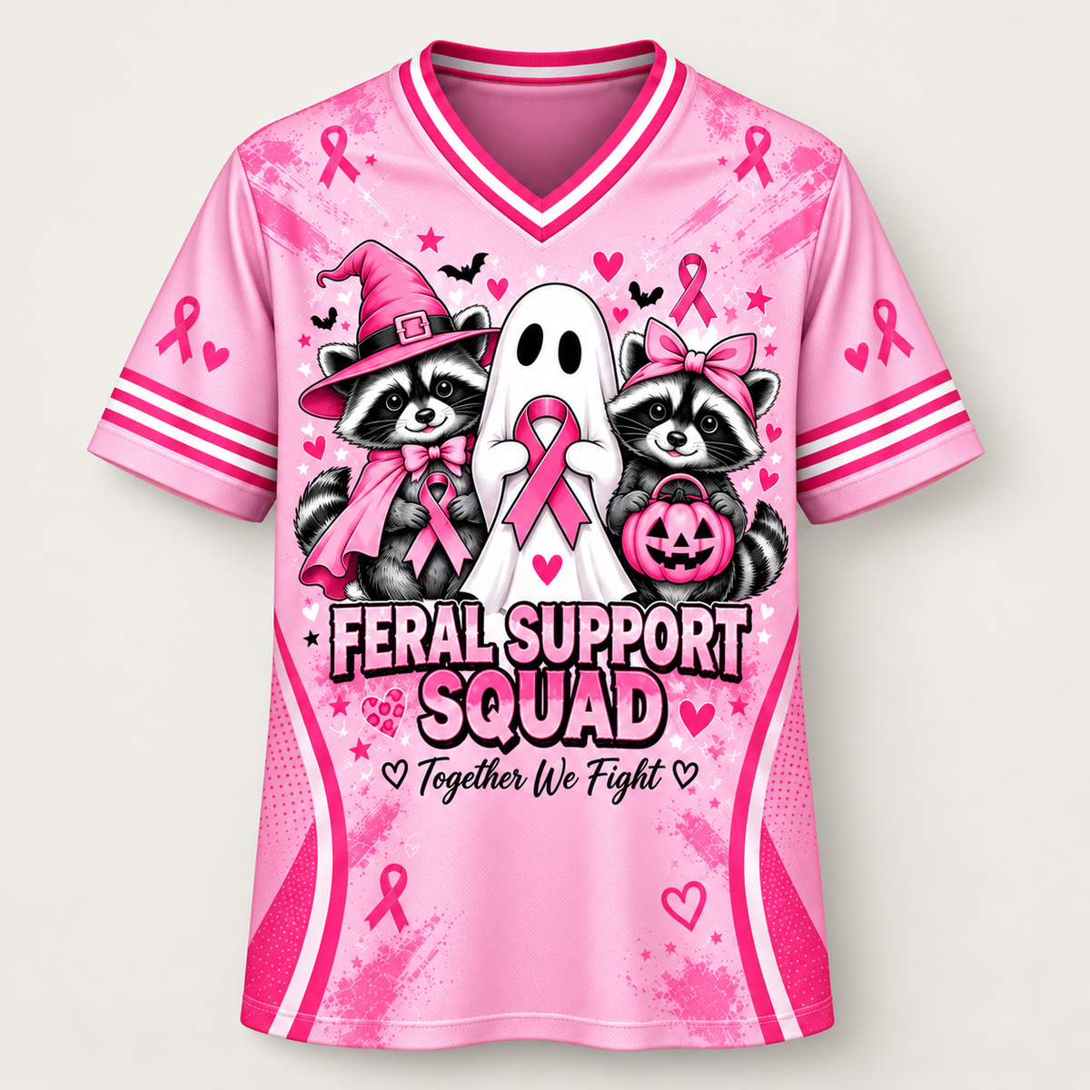 Pink V-neck football jersey, front view, Feral Support Squad with two raccoons and a ghost holding a pink ribbon