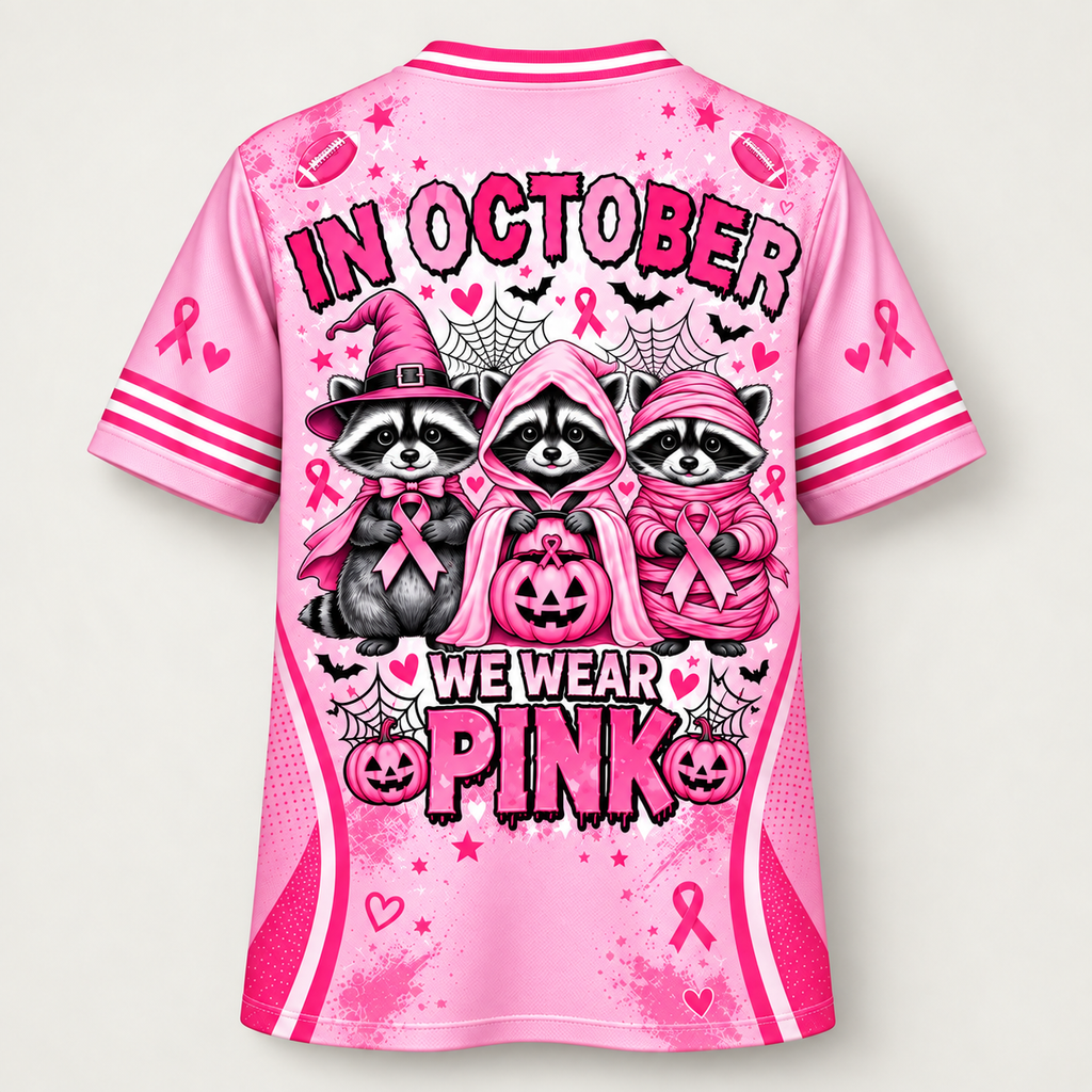 Back view reading In October We Wear Pink with three costumed raccoons, bats and spiderwebs