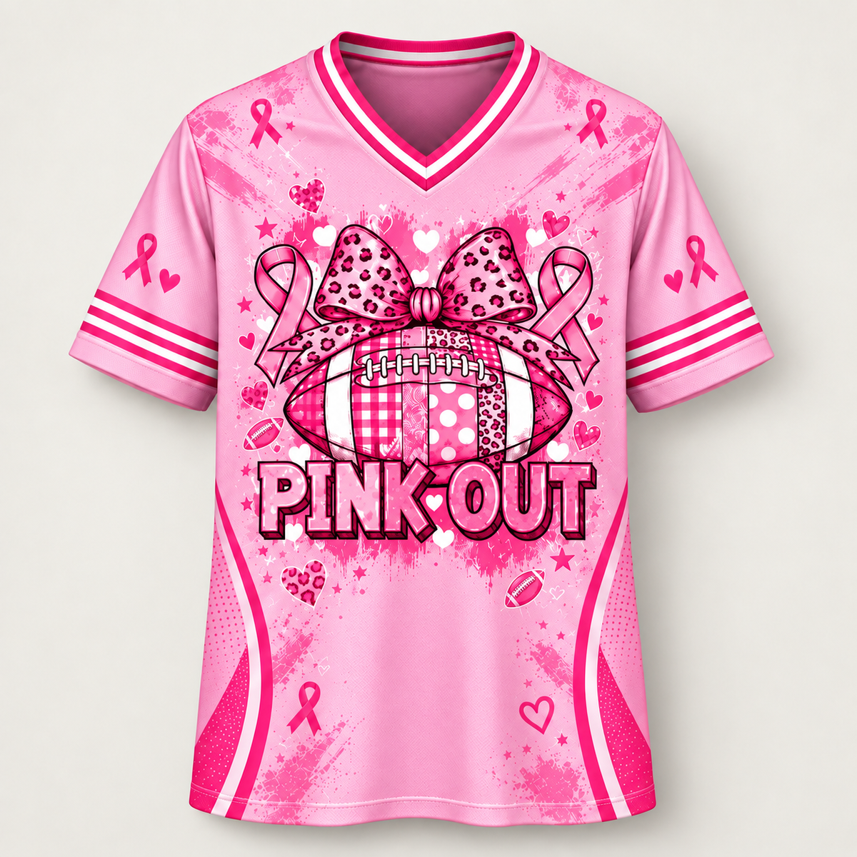 Pink Out design, front view, a patterned football topped with a leopard-print bow above PINK OUT