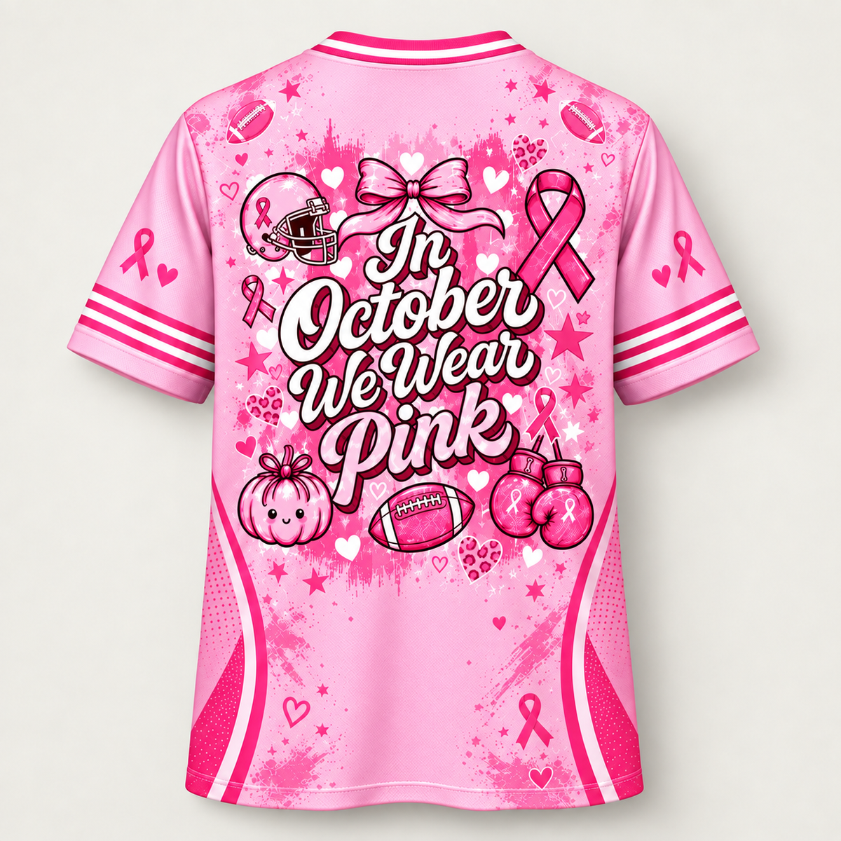 Pink Out design, back view, In October We Wear Pink in script with a helmet, bow and boxing gloves
