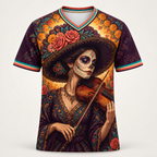 Day of the Dead V-neck mesh jersey, front view, Catrina in a flower-trimmed sombrero playing a violin