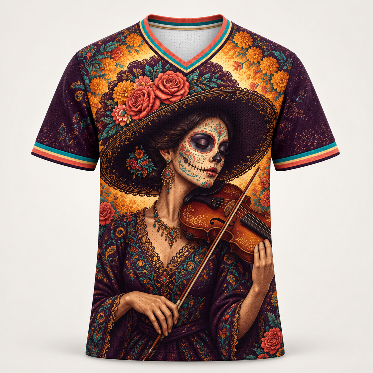 Day of the Dead V-neck mesh jersey, front view, Catrina in a flower-trimmed sombrero playing a violin