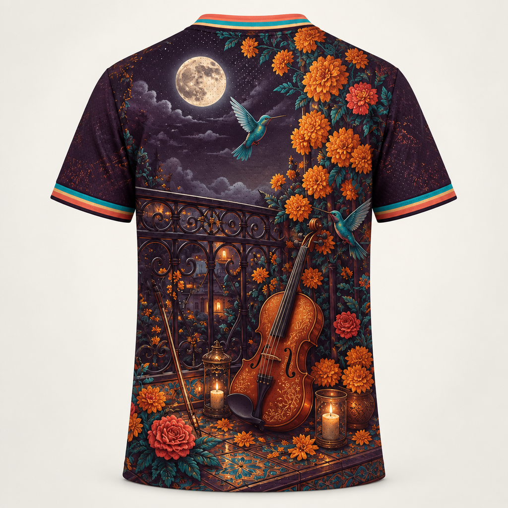 Back view with a moonlit balcony, hummingbirds, a resting violin, lanterns and marigold garlands