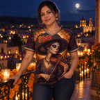 Woman wearing the Moonlit Catrina mesh jersey on a candlelit balcony at night