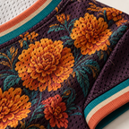Close-up of the marigold print across the perforated mesh knit fabric