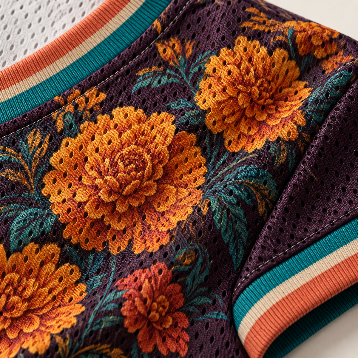 Close-up of the marigold print across the perforated mesh knit fabric