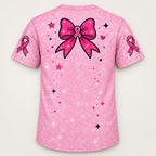 Back view with a large pink bow carrying an awareness ribbon, stars and sparkles