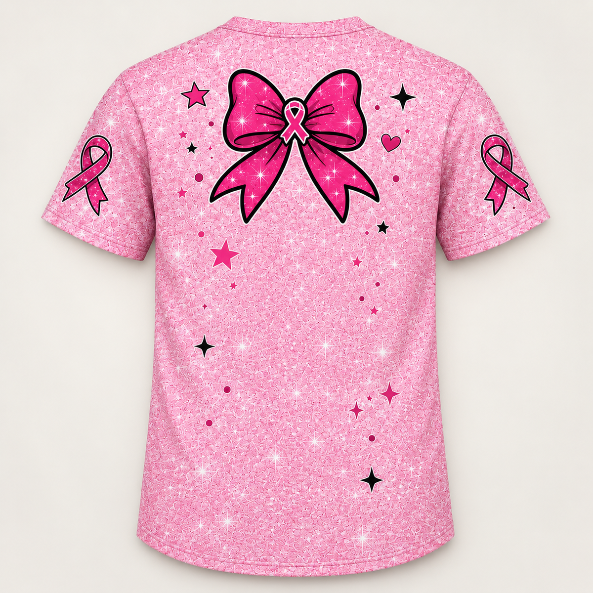 Back view with a large pink bow carrying an awareness ribbon, stars and sparkles