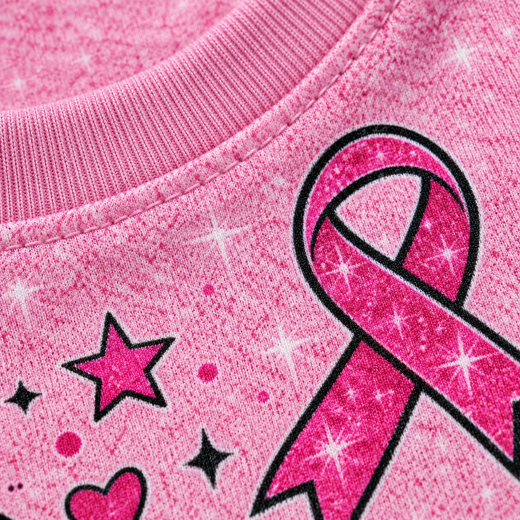 Close-up of the printed sparkle texture and pink ribbon artwork on the t-shirt fabric