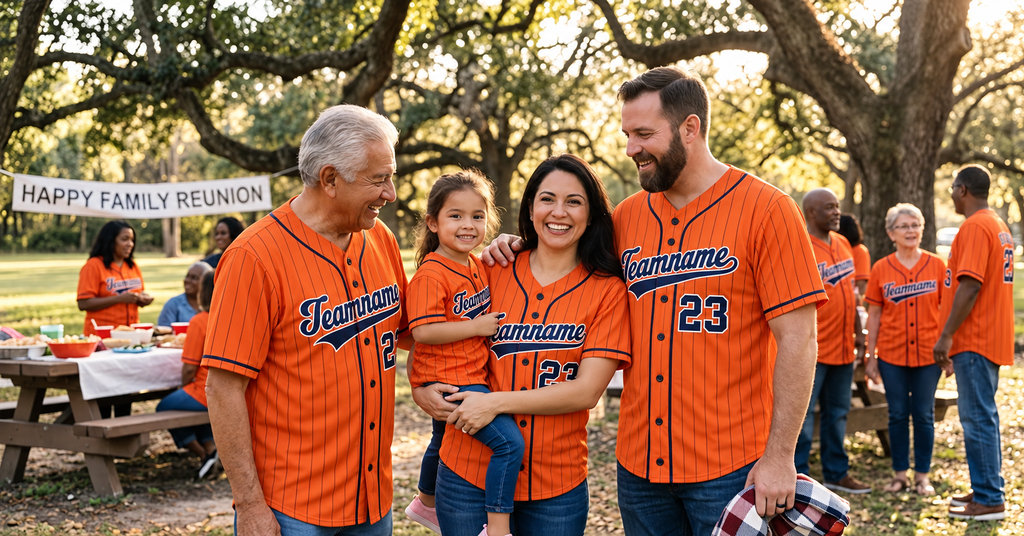 Family in matching custom baseball jerseys at a family reunion