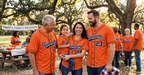 Family in matching custom baseball jerseys at a family reunion