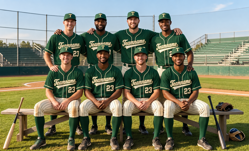 Baseball team wearing matching custom jerseys with the same team name