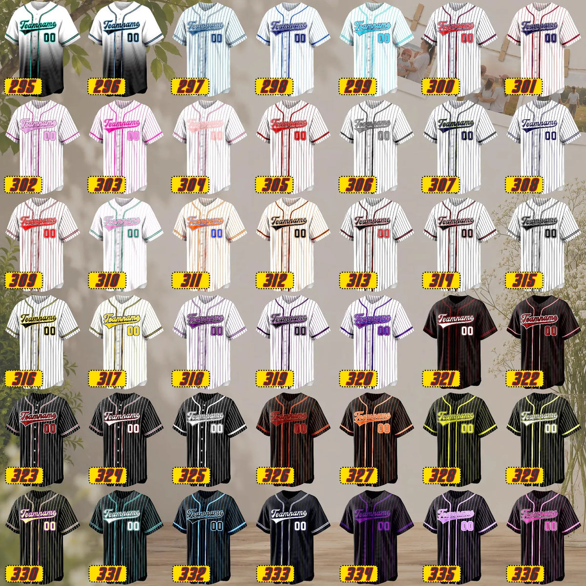 Colour chart, designs 295 to 336