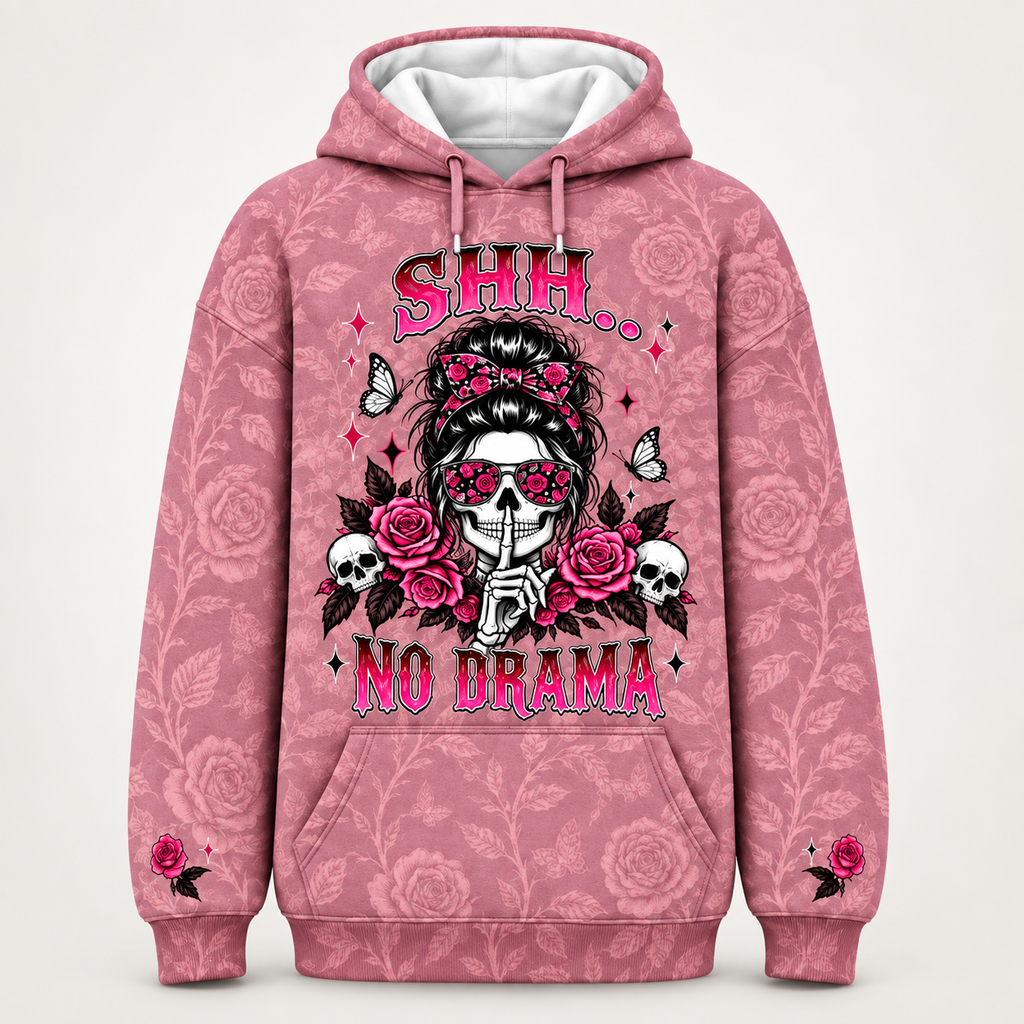 Dusty rose all-over print hoodie, front view, Shh No Drama skeleton girl with pink roses