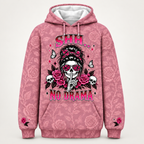 Dusty rose all-over print hoodie, front view, Shh No Drama skeleton girl with pink roses