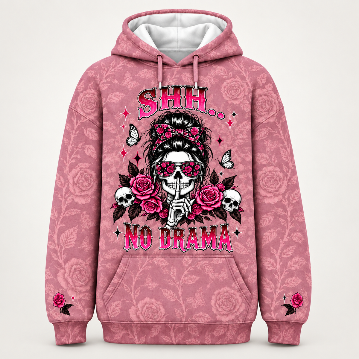Dusty rose all-over print hoodie, front view, Shh No Drama skeleton girl with pink roses