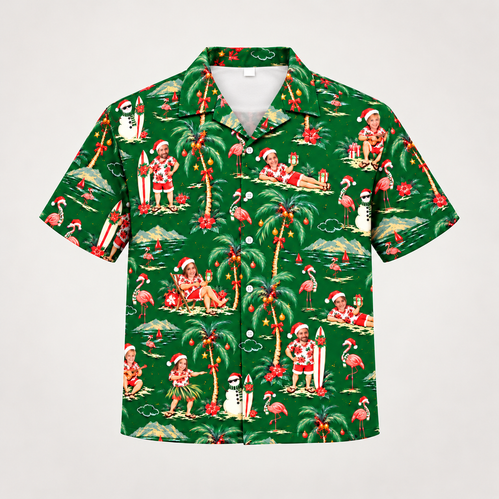 Custom face Christmas Hawaiian shirt with surfing Santa and flamingo print, front view