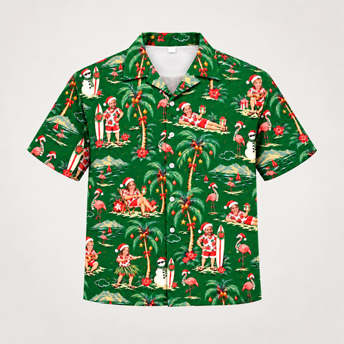 Custom face Christmas Hawaiian shirt with surfing Santa and flamingo print, front view