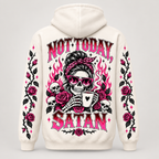 Back view of the hoodie showing the Not Today Satan skull in sunglasses with coffee mug