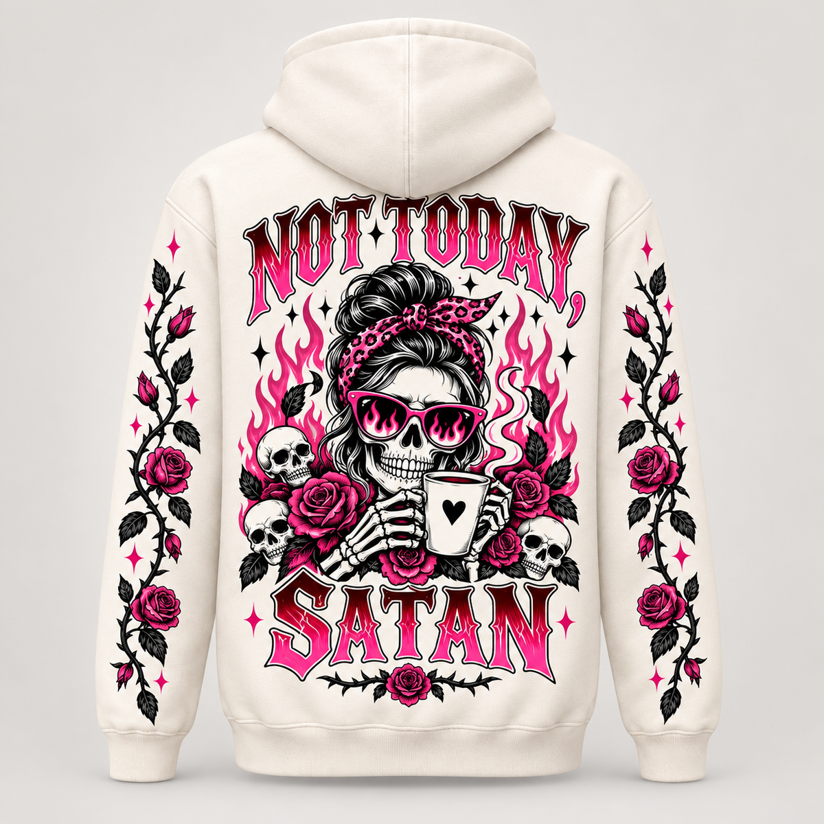 Back view of the hoodie showing the Not Today Satan skull in sunglasses with coffee mug