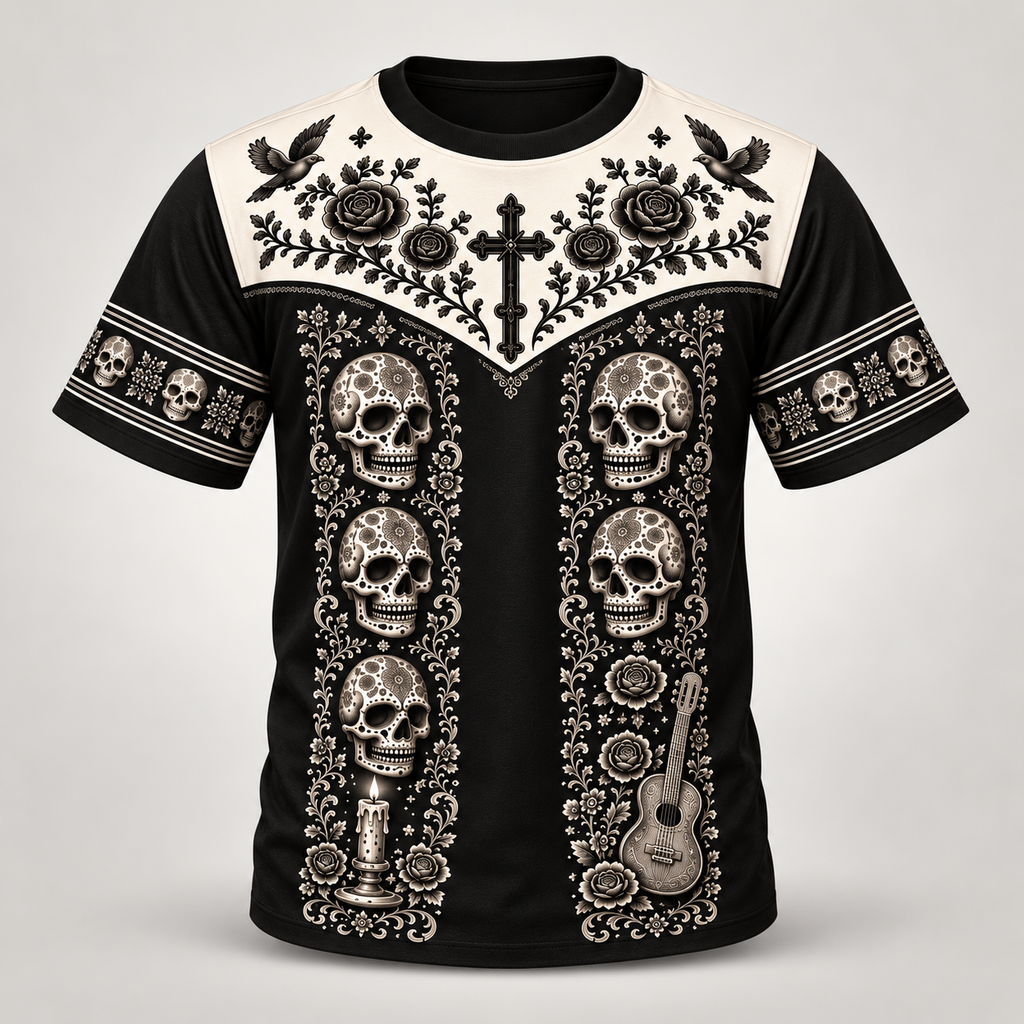 Dia de los Muertos mariachi design on a crew neck t-shirt, front view