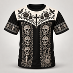 Dia de los Muertos mariachi design on a crew neck t-shirt, front view