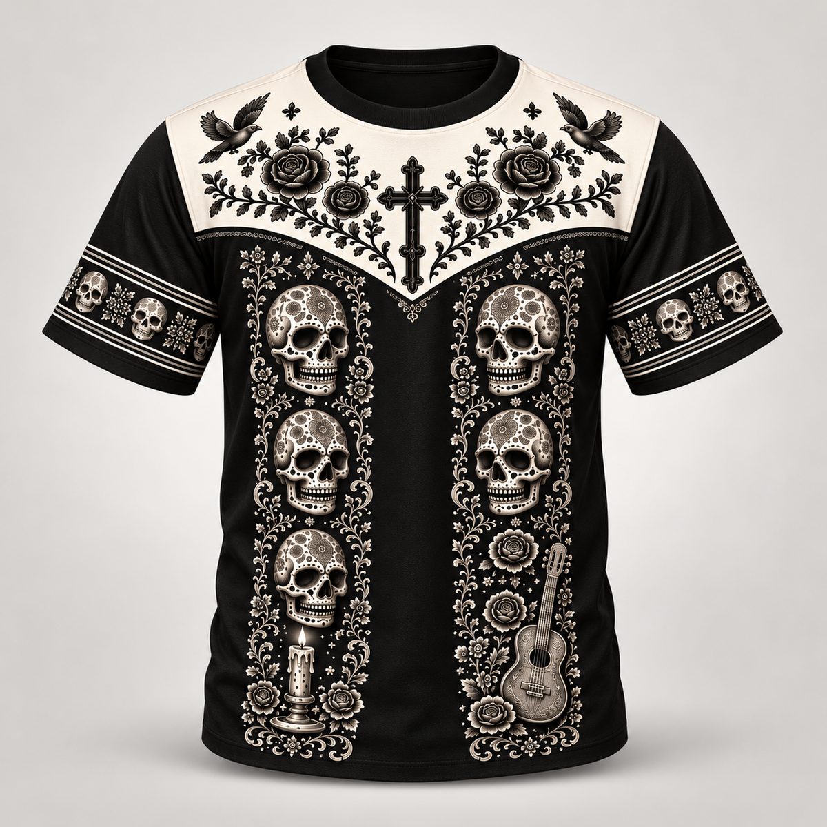 Dia de los Muertos mariachi design on a crew neck t-shirt, front view