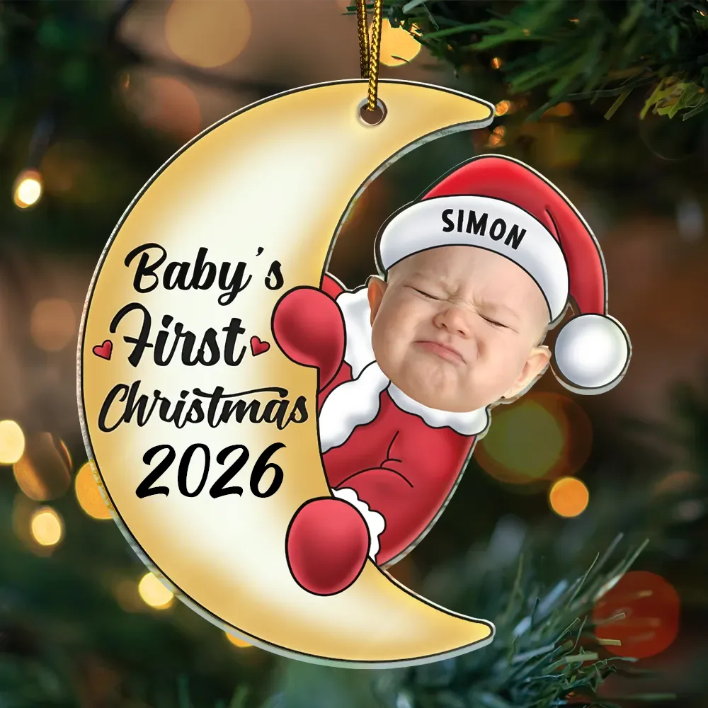 Custom Photo Christmas Santa Baby On The Moon - Personalized Cutout Acrylic Ornament