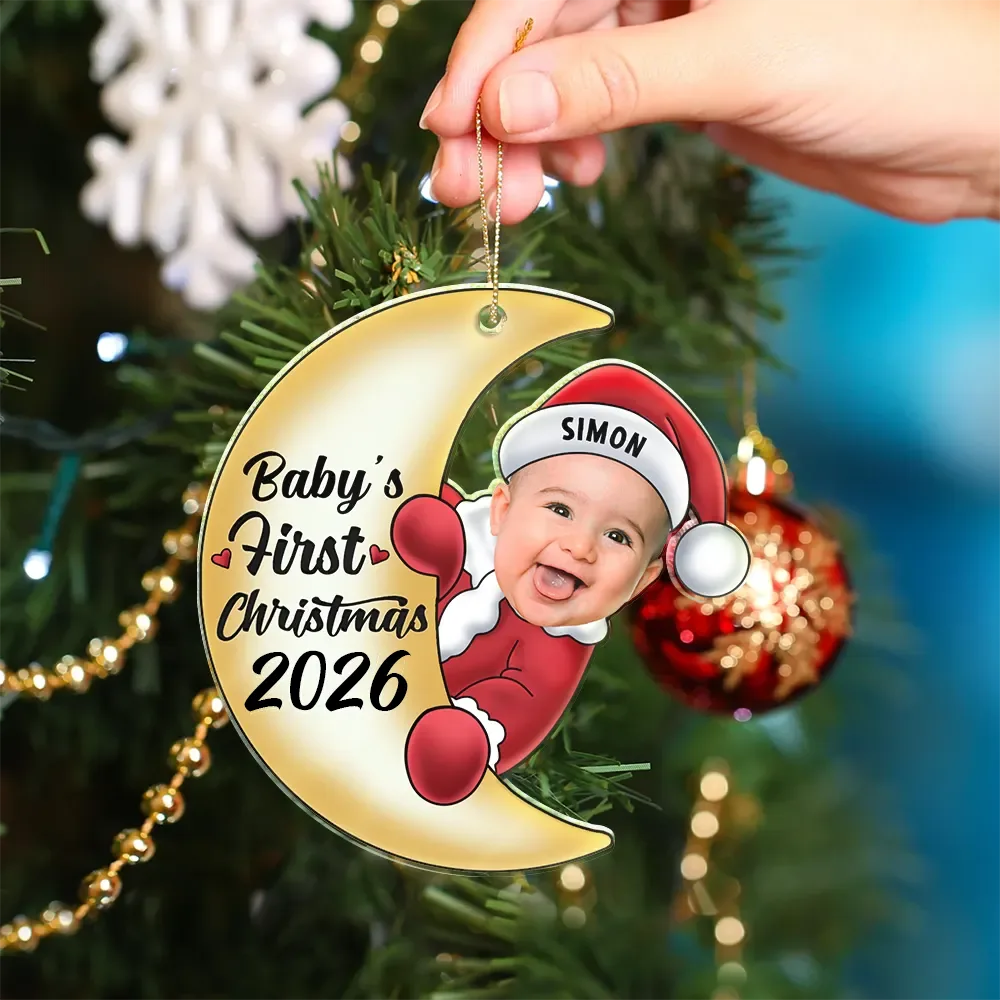 Custom Photo Christmas Santa Baby On The Moon - Personalized Cutout Acrylic Ornament