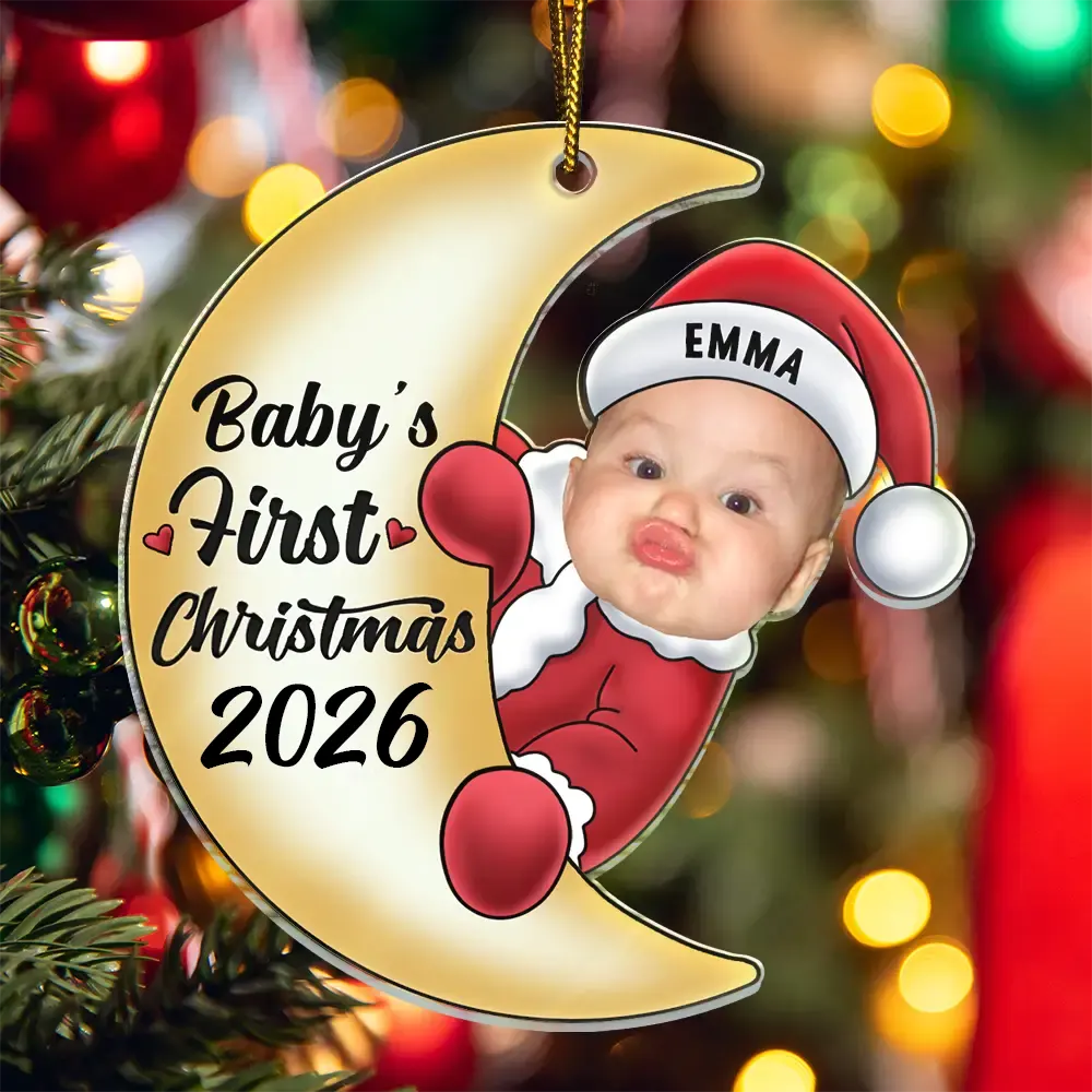 Custom Photo Christmas Santa Baby On The Moon - Personalized Cutout Acrylic Ornament