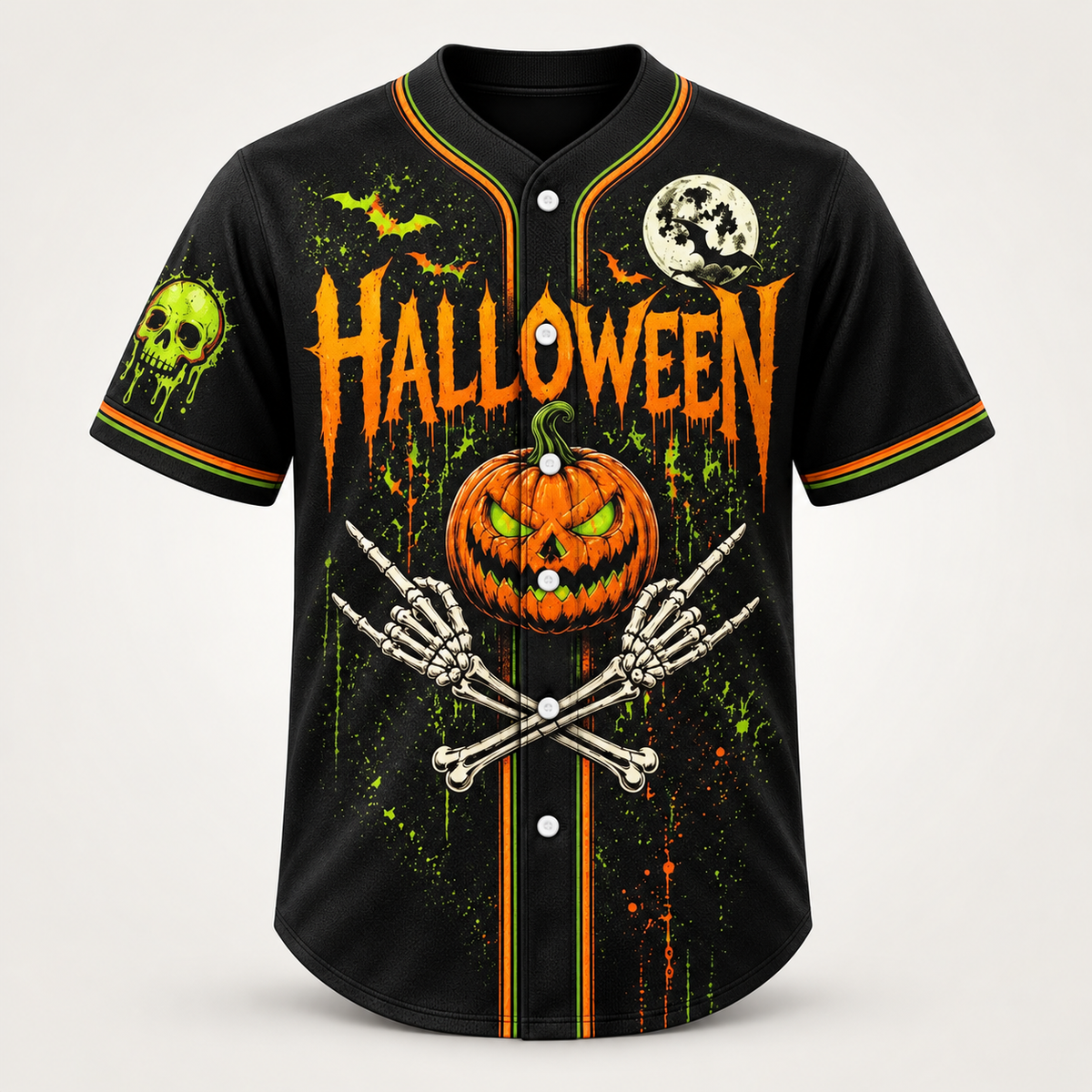 Halloween baseball jersey in black with orange and acid green artwork