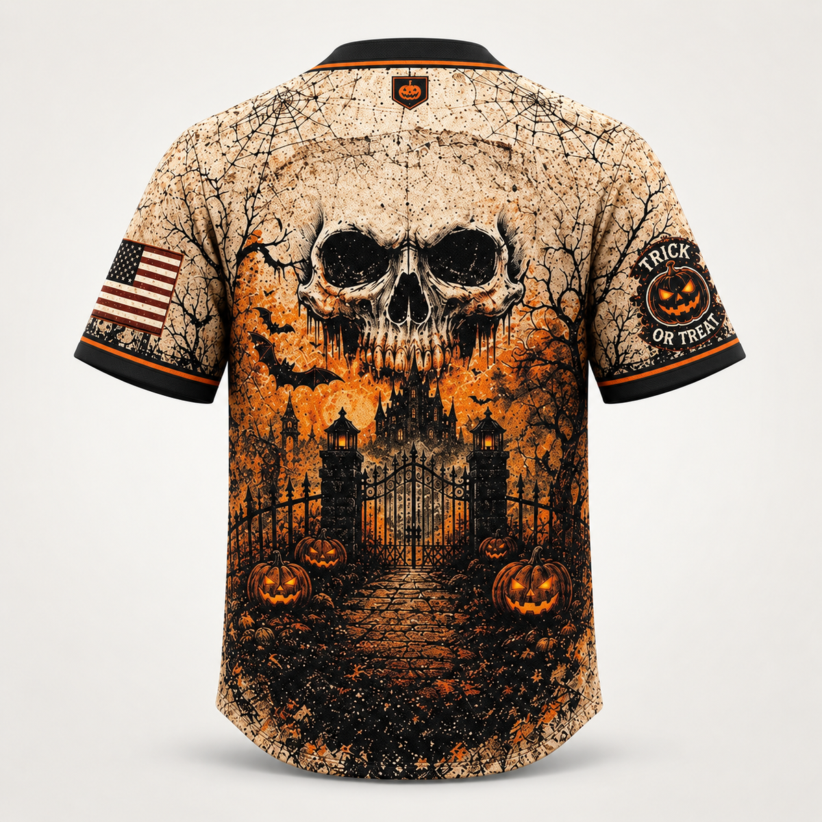 Back view with a weathered skull above an open cemetery gate and lit jack-o-lanterns