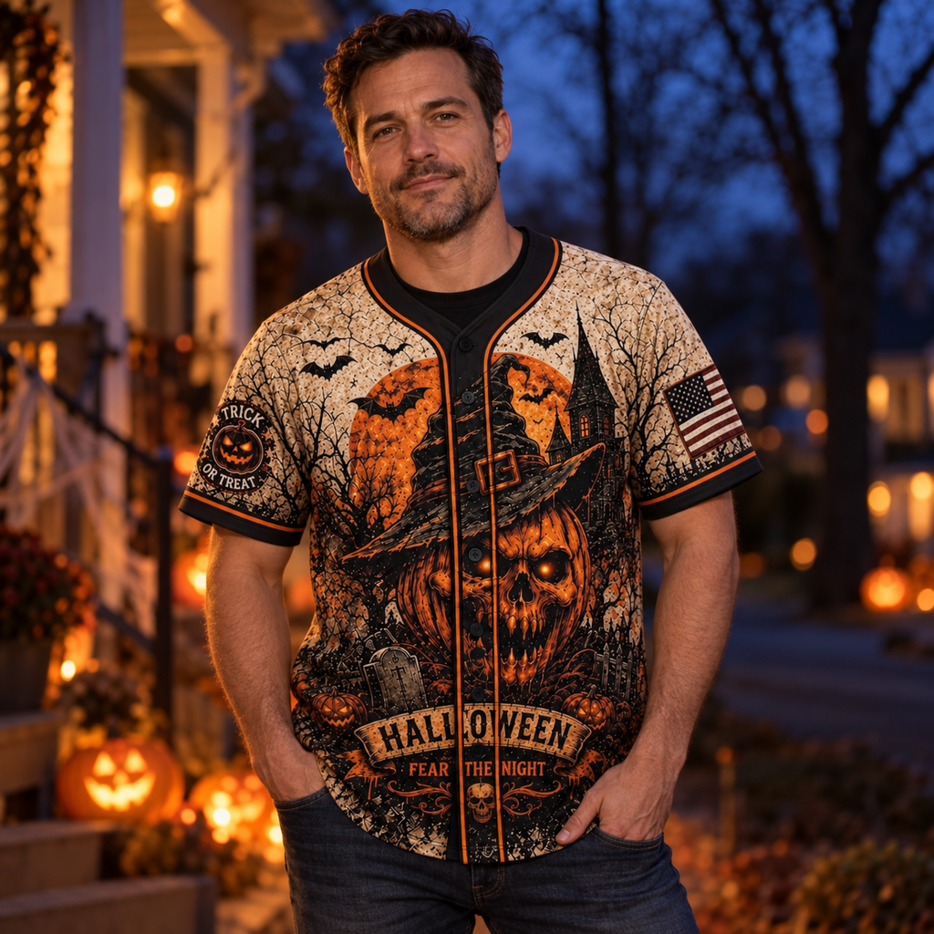 Man wearing the Halloween pumpkin skull baseball jersey at twilight