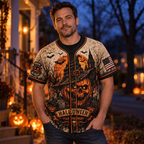 Man wearing the Halloween pumpkin skull baseball jersey at twilight