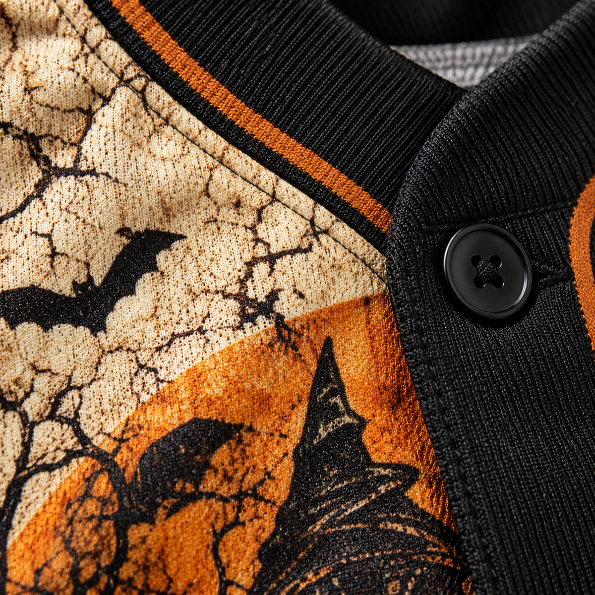 Close-up of the printed polyester jersey fabric and black ribbed trim stitching
