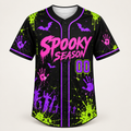 Neon graffiti Halloween baseball jersey, front view, Spooky Season in pink with purple bats and green drips