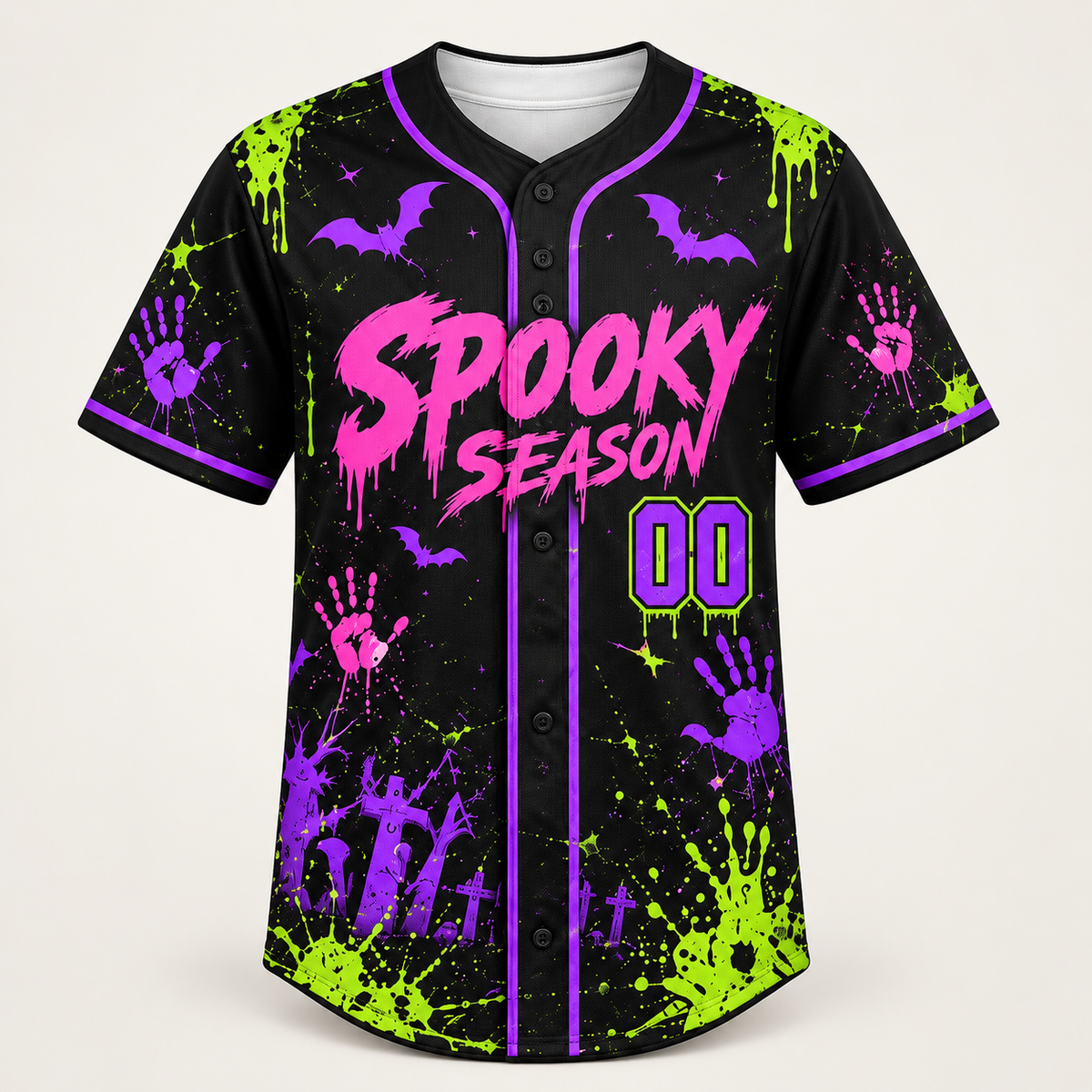 Neon graffiti Halloween baseball jersey, front view, Spooky Season in pink with purple bats and green drips