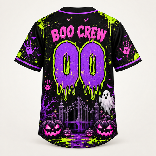 Back view with BOO CREW and a large number in neon over a cemetery gate and glowing pumpkins
