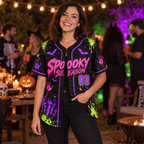 Woman wearing the neon graffiti Halloween jersey at a night party