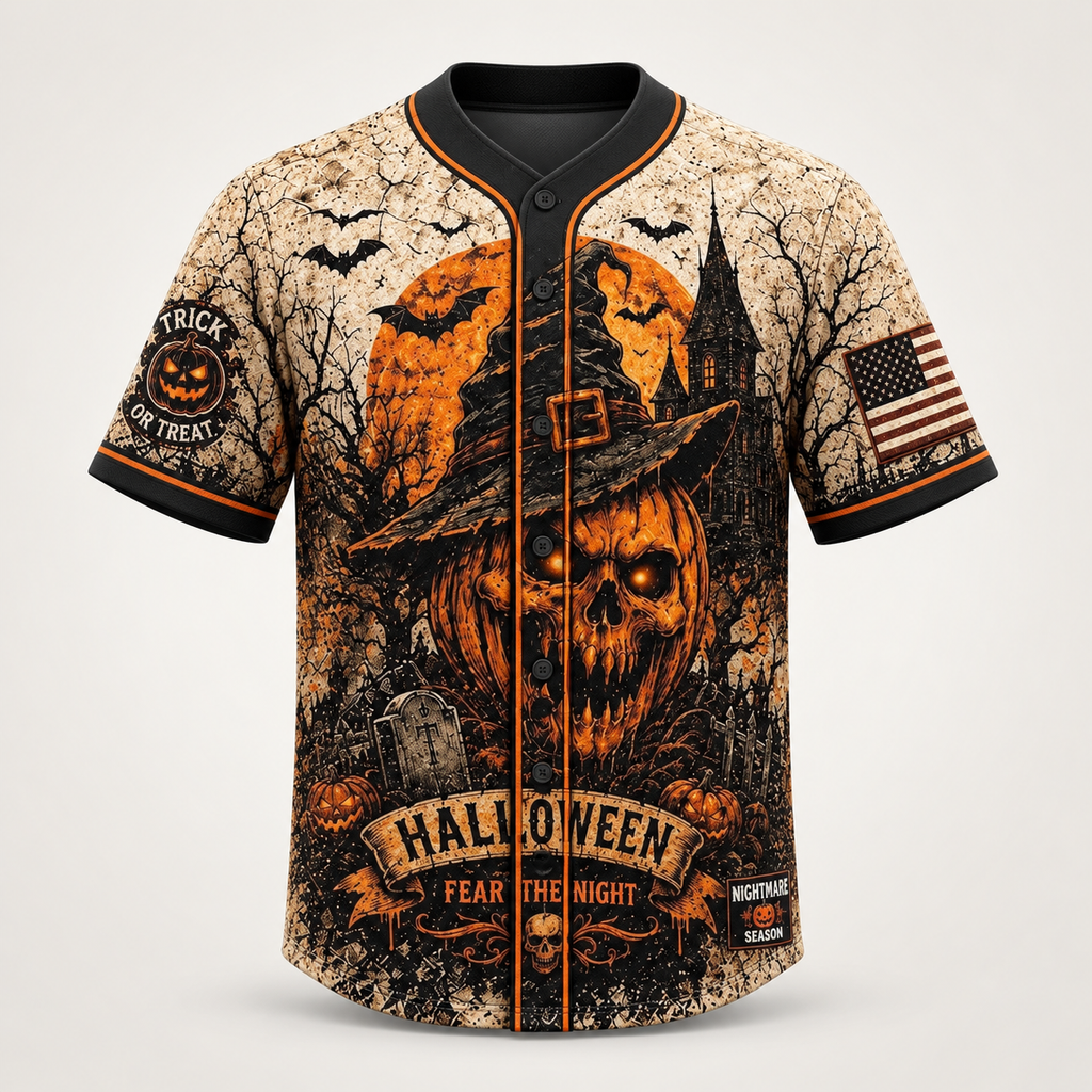 Halloween baseball jersey, front view, pumpkin skull in a witch hat with Fear The Night banner