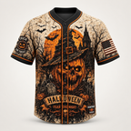Halloween baseball jersey, front view, pumpkin skull in a witch hat with Fear The Night banner