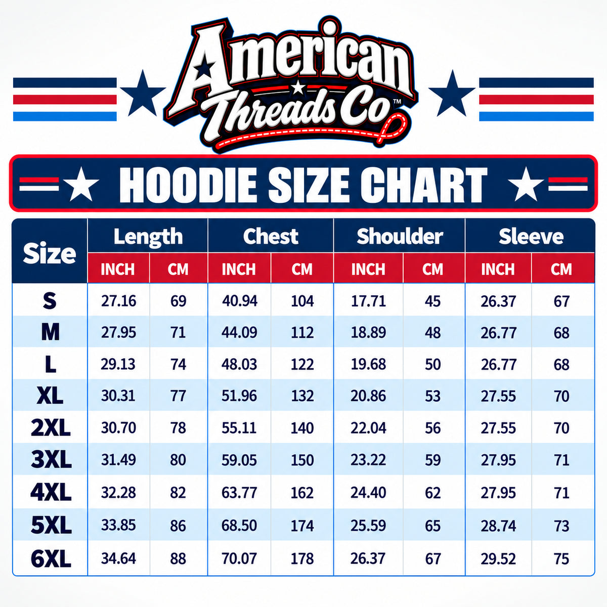 Pullover hoodie size chart