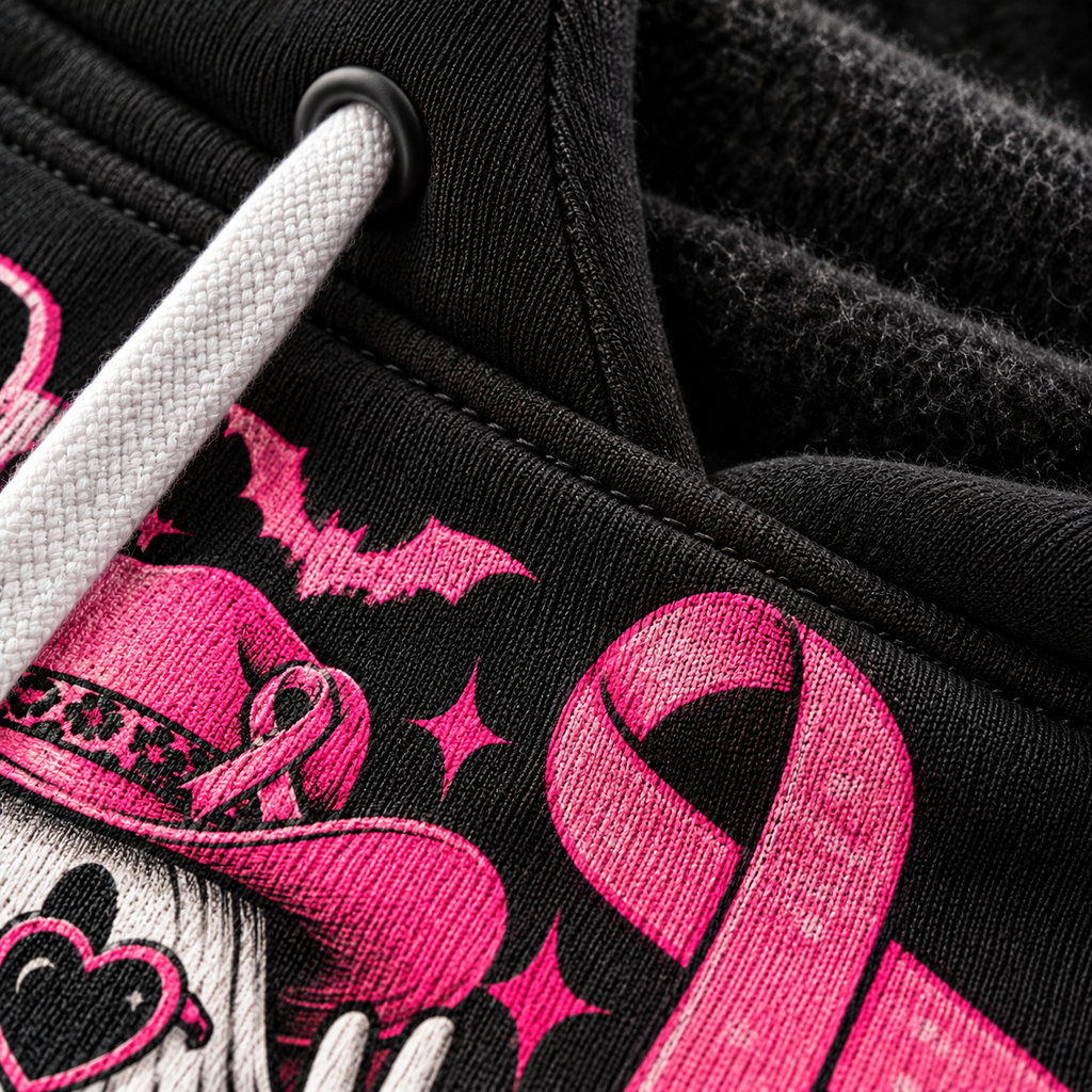 Close-up of the hot pink ribbon print on the black brushed fleece fabric