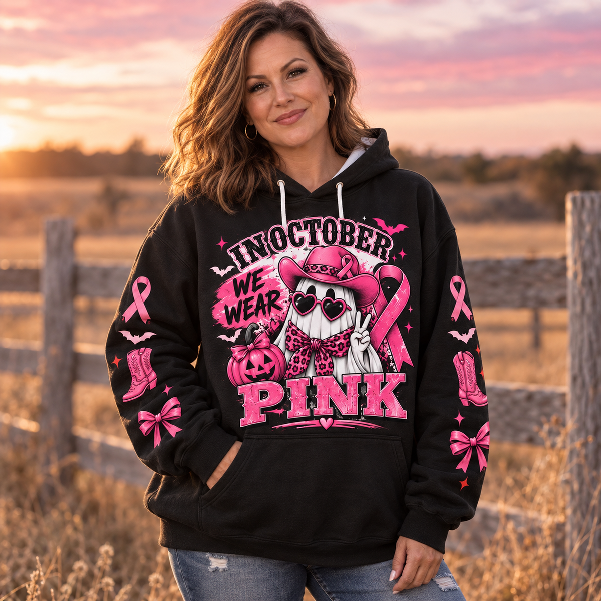 Woman wearing the In October We Wear Pink hoodie in a field at sunset