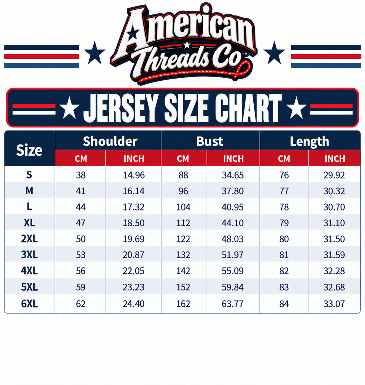 Adult baseball jersey size chart