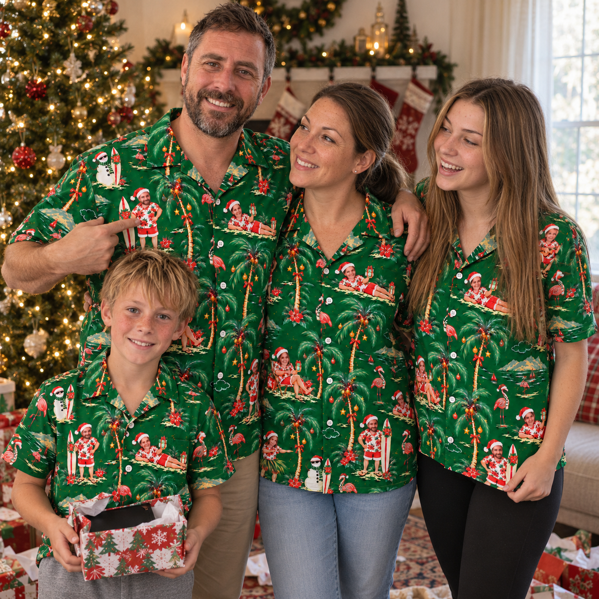 Model wearing the custom face Christmas Hawaiian shirt, second look