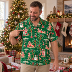 Model wearing the custom face Christmas Hawaiian shirt