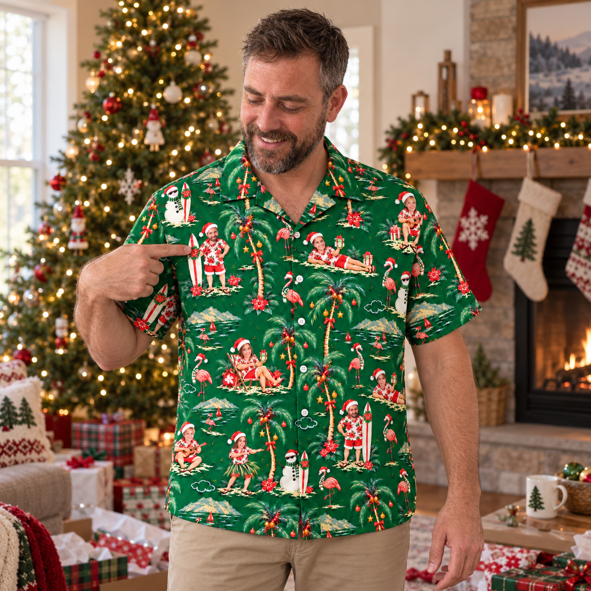 Model wearing the custom face Christmas Hawaiian shirt