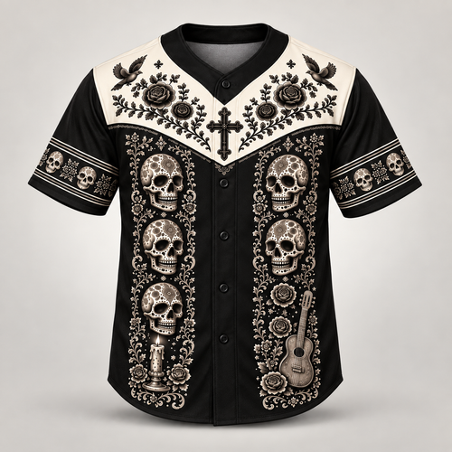 Dia de los Muertos mariachi skeleton baseball jersey, front view